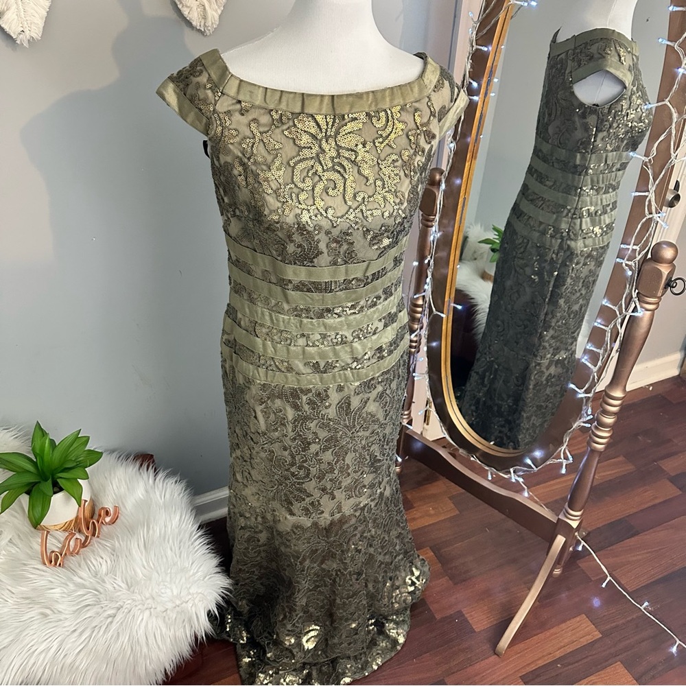 Tadashi Shoji Lace Sequin Gown in Gold and Olive - Picture 3 of 12